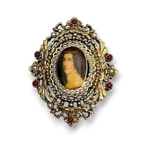 Vintage ART Arthur Pepper Cameo Brooch Gold Tone Faux Pearl Transfer Ornate